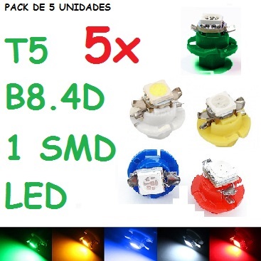 lote de 5 bombillas led t5 b8.4d para tablero cuadro instrumentos reloges mando calefacción climatizador blanco 6000k azul rojo verde amarillo rosa